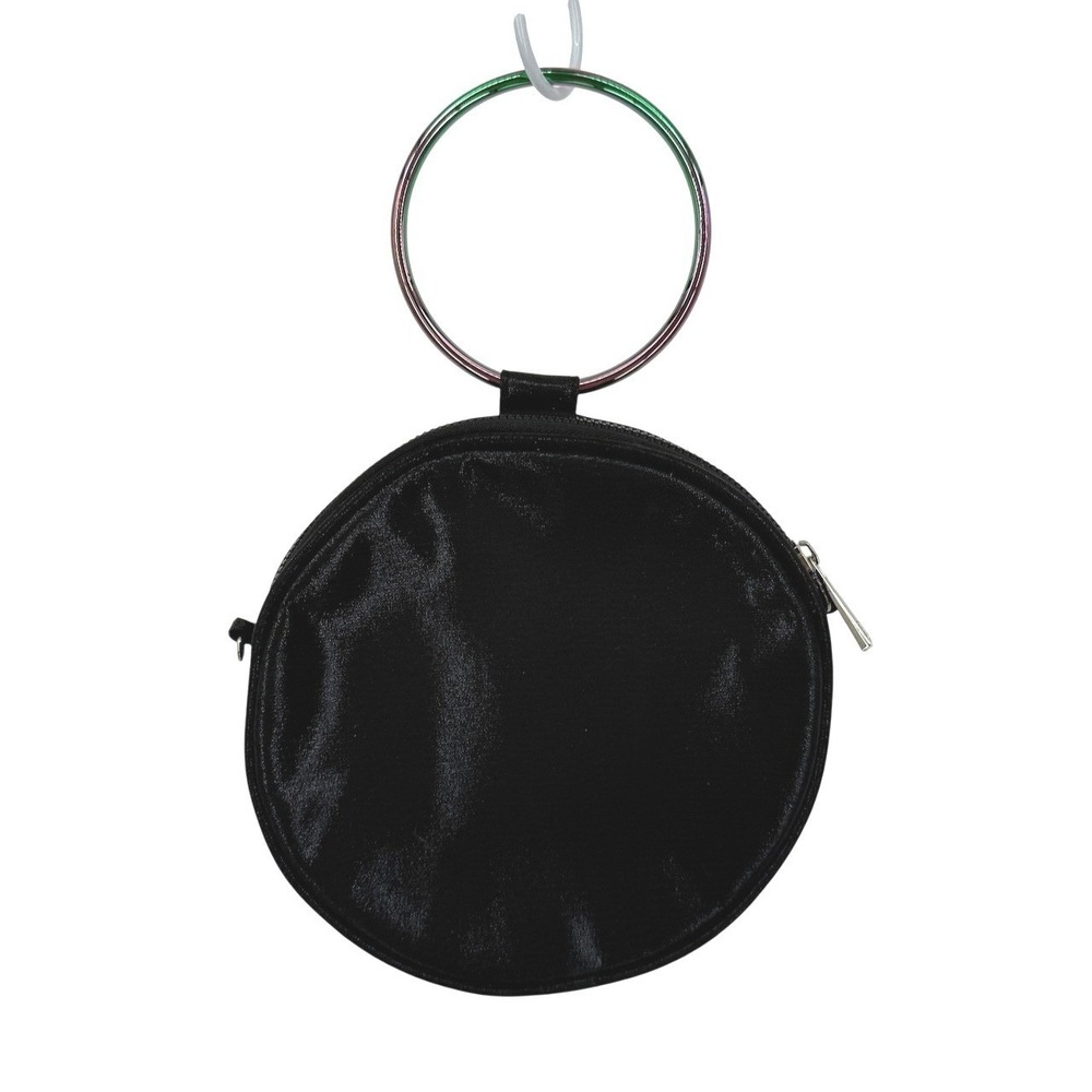 Nina‎ New York Black Satin Round Evening Bag Iridescent Oil Slick Ring Handle